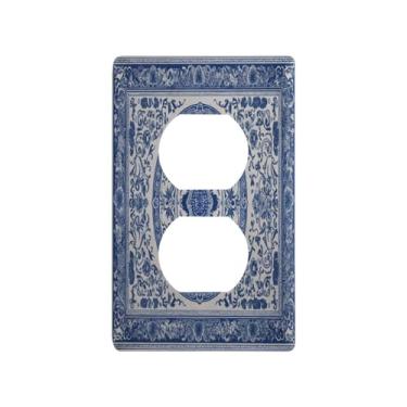 Imagem de Blueangle Placa de parede frente e verso estilo porcelana azul e branca, tamanho padrão, placas de cobertura de tomada elétrica de 1 gangue para decoração de quarto de escritório em casa, 12 x 7 cm