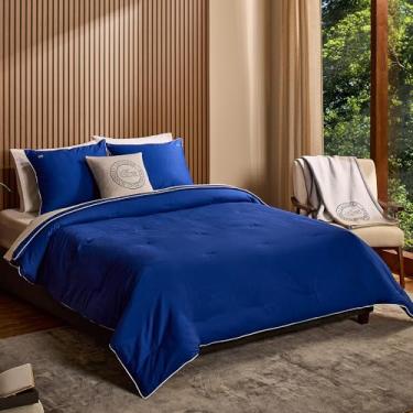 Imagem de Lacoste Conjunto de edredom tiebreak – 100% algodão percal, tecido otomano canelado, acabamento texturizado dublê, aquecimento alternativo para todas as estações, certificado Oeko-Tex, azul surf, king
