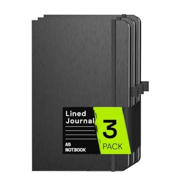 Imagem de ONAVIA Caderno de capa dura forrado papel diário 80GSM pacote com 3 - preto, tamanho A5,