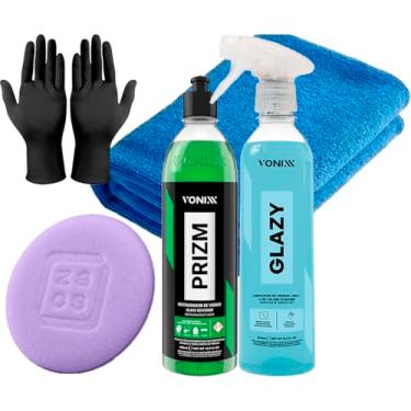 Imagem de Kit Estética Limpeza E Cuidado Automotivo Glazy 500ml + Prizm 500ml + Aplicador de Espuma + Pano Redutor De Risco Vonixx