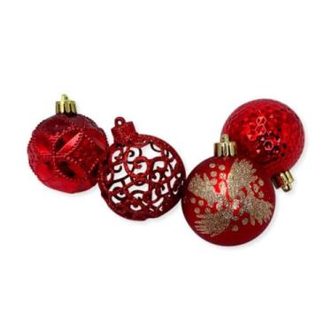 Imagem de Kit Bolas Natalinas para Decoração de Árvores, 24 Unidades, Vermelho, Plástico, 6cm de Diâmetro, com Glitter e Texturas Variadas