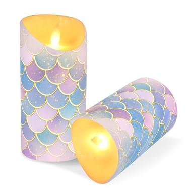 Imagem de ATTX Pacote com 2 velas sem chama de escamas de peixe sereia – Velas LED de 7,6 cm x 15 cm com controle remoto e temporizador para casa, casamento, decoração de acampamento #900