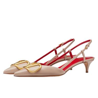 Imagem de PERLSAC Sapato feminino de salto baixo com bico fino e salto baixo gatinho, Ouro nude, 4.5 UK