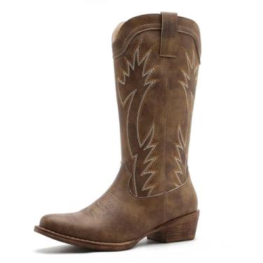 Imagem de GLOBALWIN Botas femininas de caubói de bico quadrado clássicas de cano médio com costura bordada salto baixo botas ocidentais confortáveis para roupas country, Camelo 25yy03, 40