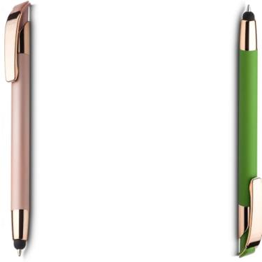 Imagem de Caneta esferográfica em metal Emborrachada com ponta touch escrita em azul. Design moderno e Anotações (Rosa e Verde 2)