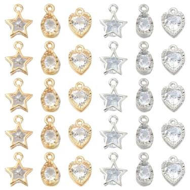 Imagem de Echoed Elegance 60 peças de pingentes de liga de 6 estilos com zircônia cúbica - formas mistas (lágrima/coração/estrela) e cores para fazer joias DIY