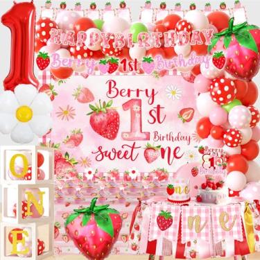 Imagem de Wenioerz Decorações De 1º Aniversário Morango Para Meninas, Decoração Primeiro Com Frutas Vermelhas, Suprimentos Festa Um Ano, Incluindo Caixa Balões, Cenário, Cadeira Alta, Faixa, Coroa, Toalha Mes