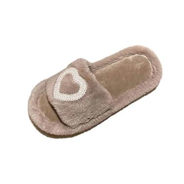 Imagem de Pantufas femininas casuais com bico aberto em formato de coração para outono inverno, Marrom, 35