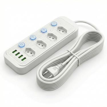 Imagem de Extensão Elétrica 3 Metros, 4 Tomadas e 4 Saídas USB, Botão de Liga e Desliga, Régua Com Filtro de Linha, Protege Seus Dispositivos Contra Curtos e Sobrecargas, 110V a 220V, Até 2500W