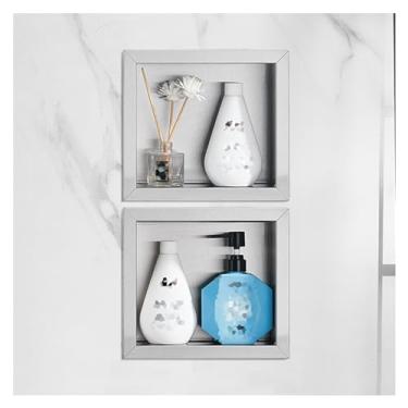 Imagem de Nicho de chuveiro de aço inoxidável – Prateleira de armazenamento à prova d'água para xampu e artigos de higiene pessoal, alcova embutida para banheiro, quarto e sala de estar – 2 peças, prata, 21,6 x
