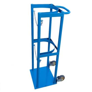Imagem de Suporte de tanque de oxigênio portátil com rodas e corrimãos - Rack de cilindro de acetileno rolante, organizador de metal para laboratórios e fábricas - Design de uma peça (azul)