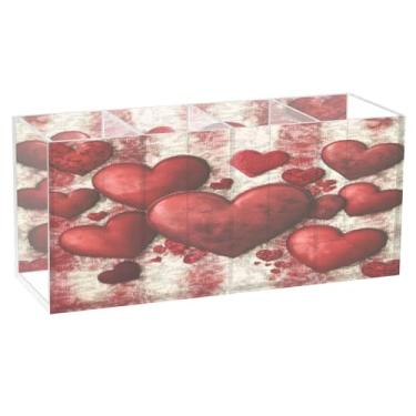 Imagem de Burbuja Porta-canetas de acrílico Valentine Red Heart com 4 compartimentos, suporte de lápis transparente para pincéis de maquiagem, acessórios de mesa de escritório em casa