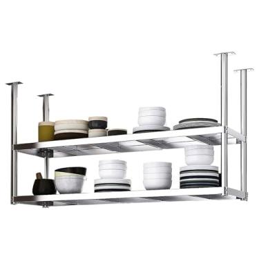 Imagem de Rack de aço inoxidável de 2 camadas para montagem no teto - Prateleira de cozinha suspensa industrial para panelas e utensílios - Armazenamento durável com economia de espaço para casa, bares e