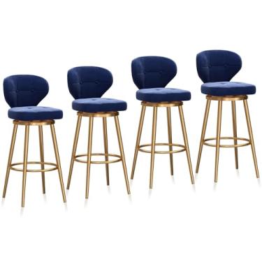 Imagem de Banquetas de barra douradas conjunto de 4 bancos altos giratórios de veludo moderno com encosto e apoio para os pés banco de ilha de cozinha cadeiras de bar giratório, 65 cm A, azul