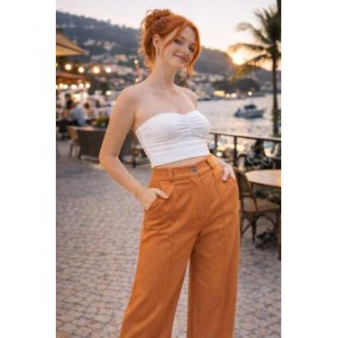 Imagem de Calça Pantalona Alfaiataria Premium Feminina Cintura Alta Elastico na 