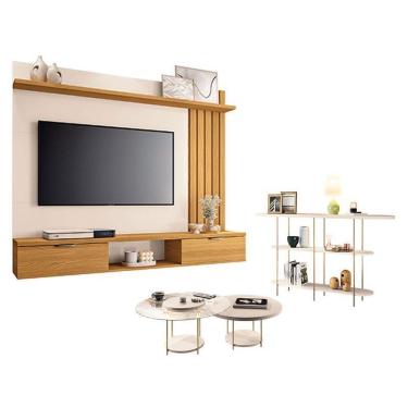Imagem de Kit Painel Suspenso Lets com Mesa de Centro Sky e Aparador Infinity 2 Portas MDP e MDF Off White HB Móveis