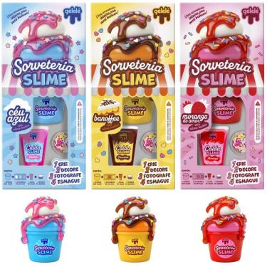 Imagem de Kit Slime Infantil Sorveteria Morango Céu Azul e Banoffe Criatividade e Coordenação Sensorial Gelelé