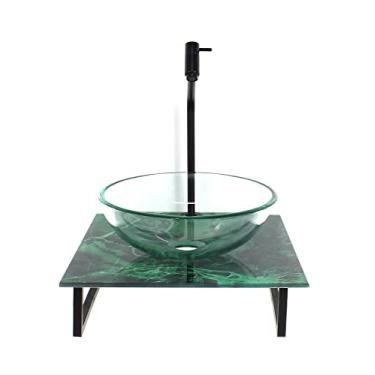 Imagem de KIT CUBA DE VIDRO REDONDA 10MM INCOLOR COM TAMPO DE VIDRO 40CM X 40CM MÁRMORE VERDE E SUPORTE PRETO