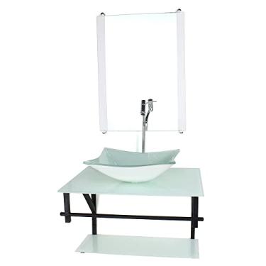 Imagem de GABINETE DE VIDRO PARA BANHEIRO 60CM AP CUBA RETANGULAR BRANCO FULL COM TORNEIRA PRETA