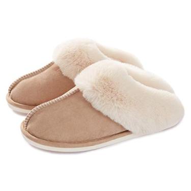 Imagem de Donpapa Pantufa feminina com espuma viscoelástica, macia, quente, antiderrapante, confortável, de pelúcia para ambientes internos e externos, Bronzeado, Medium