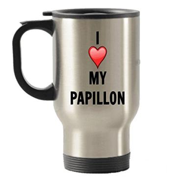Imagem de Caneca de aço inoxidável com isolamento térmico para viagem I Love My Papillon
