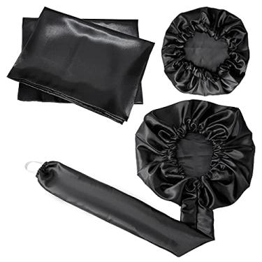 Imagem de Kit Touca Difusora + 1 Touca + 2 Fronhas Cetim Seda Preta