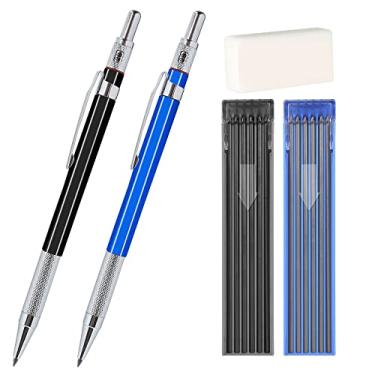 Imagem de Aitikili Conjunto de lapiseira de 2 mm, 2 peças de lápis de desenho de carpinteiro de 2,0 mm com 2 refis de chumbo de tubo (HB, 2B), marcador de metal para desenho de rascunho, escrita, esboço de arte