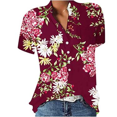 Imagem de Camiseta feminina verão manga curta botão gola V túnica blusa solta estampada camiseta gráfica com bolso Casual Elegante Pescoço Havaí feminino feminina Top flor floral E37-Vinho Large