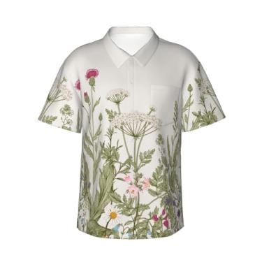 Imagem de Xiso Ver Camisa havaiana masculina manga curta casual camisa de praia casual de botão para festa de verão na praia, Ervas e flores silvestres, M
