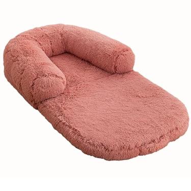 Imagem de Cama de cachorro humana ajustável, cama gigante de pele sintética de luxo para cachorro, tamanho humano, com alça portátil, cama de cachorro de espuma ortopédica de ovo lavável(Pink)