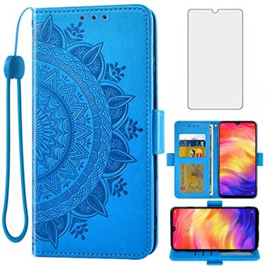 Imagem de Asuwish Capa carteira compatível com Xiaomi Redmi Note 7/7Pro, protetor de tela de vidro temperado, suporte para cartão de crédito, alça de pulso, capa para celular Redme Note7 Pro 7s masculina, azul