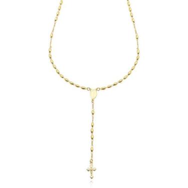 Imagem de Colar Terço com Bolinhas Baguetes Cruz Jesus Folheado a Ouro 18k - 35 