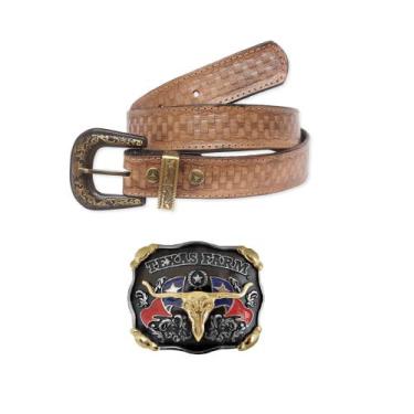 Imagem de Kit Cinto Country Entalhado + Fivela Cowboy Texas Farm - DRC, Palha, 1