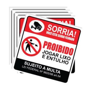 Imagem de 5 Placas Proibido Jogar Lixo E Entulho Filmado - 30 X 30 Cm - Comunik 