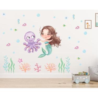 Imagem de Adesivo Parede Infantil Sereia Polvo Fundo do mar Aquarela - Colakoala