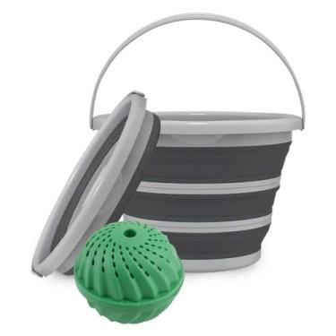 Imagem de Kit Balde Silicone Dobrável Retrátil Flexível 5L Alça Bola Mágica Máqu