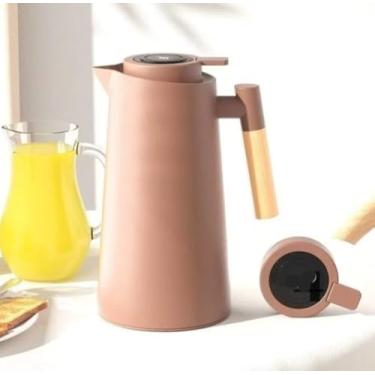 Imagem de Garrafa Térmica ROSA de Plástico com Cabo de madeira, Display digital, 1 litro, perfeita para café e chá e Termômetro digital