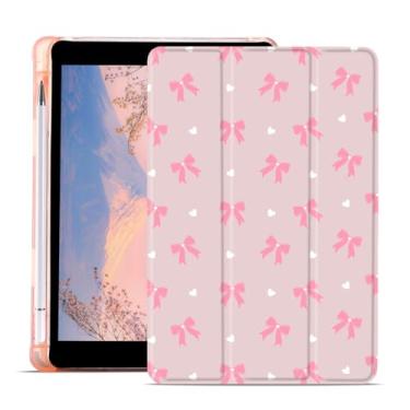 Imagem de AdorableWhimsy Linda fita de laço impressa para iPad Air 4 2020/iPad Air 5 2022 de 10,9 polegadas com suporte para lápis Auto Wake/Sleep Smart capa traseira de couro rosa macio TPU macio para meninas