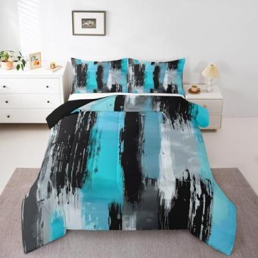 Imagem de Feelyou Conjunto de edredom azul, tamanho casal, decoração de quarto, geométrico, quadrado, geométrico, linhas abstratas, edredom acolchoado macio