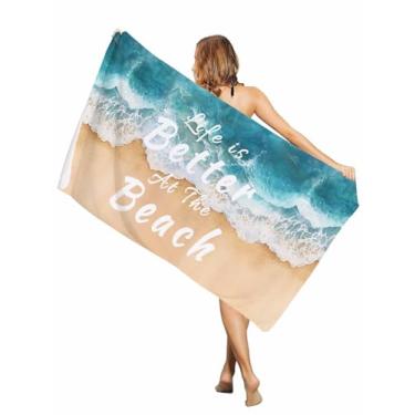 Imagem de Toalha de praia 89 x 180 cm, toalhas de banho de secagem rápida, cobertor de praia de microfibra à prova de areia, verão, praia, onda, oceano, ondas, grandes absorventes, cobertores de piscina para