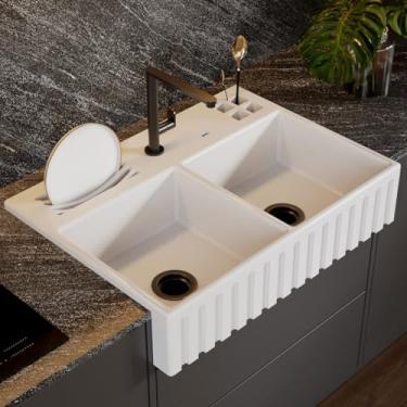 Imagem de Cuba Dupla Cozinha Farm Sink Romana Com Calha Gourmet 77 cm Estilo Fazenda Avental