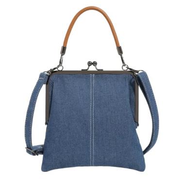 Imagem de Bolsas e bolsas femininas Kiss Lock pequena de PVC, bolsa tiracolo de papel kraft, bolsa transparente com alça superior Kisslock Satchel, Jeans - azul, One Size