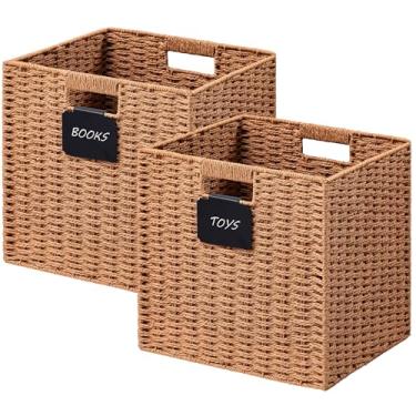 Imagem de UBBCARE Pacote com 2 cestas de vime, 30 cm C × 30 cm A × 29 cm Cestas de armazenamento de corda de papel trançado para prateleiras, cesto de armazenamento dobrável com alça, cesta de armazenamento