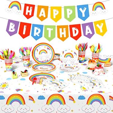Imagem de 212 peças de decorações de festa de aniversário arco-íris com toalha de mesa arco-íris faixa de feliz aniversário pratos de papel descartáveis copos guardanapos talheres garfo faca de colher para 30 convidados festa de aniversário (arco-íris)