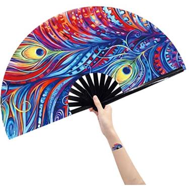 Imagem de Ventilador grande dobrável Amajiji, chinês/bambu japonês e tecido de náilon, ventilador de mão dobrável, ventilador dobrável à mão para mulheres/homens, fã do festival de mãos, ventilador dobrável, Ｉce Ｆire Ｆeather