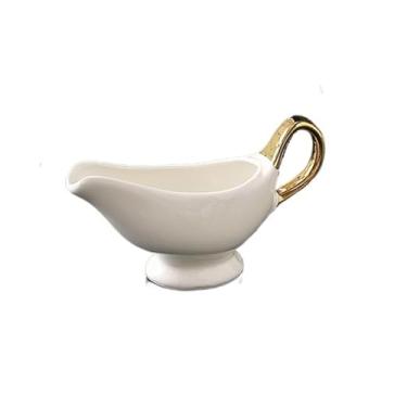 Imagem de Molheira 1 pacote de molheira de porcelana fácil de despejar molheira branca com alça dourada para molhos de salada, leite, caldo Jarra de Molheira(Médio)