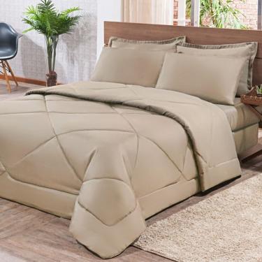 Imagem de Kit Edredom + Jogo De Lençol Aconchego Look House Dupla Face Casal Queen 06 Peças - Caqui