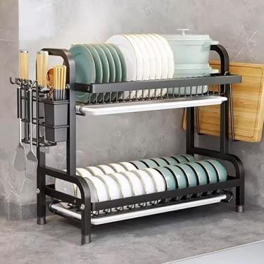 Imagem de INO Design Escorredor de louça, escorredor de pratos com economia de espaço de 2 camadas para balcão de cozinha, organizadores de cozinha de metal e rack de armazenamento, escorredor de pratos de