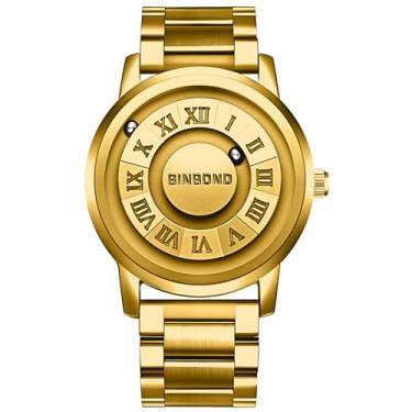 Imagem de JewelryWe Relógio masculino de quartzo magnético: preto 3 ATM à prova d'água sem design de lente mostrador numeral romano pulseira de aço inoxidável futurista ponteiro bola conceito relógio de pulso