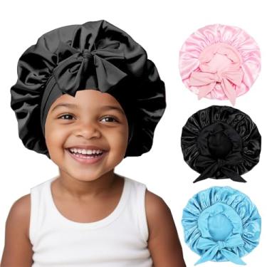 Imagem de FIRSTPELLA 3 Peças de Gorro de Seda Infantil para Dormir – Gorro de Cetim para Bebê para Dormir, Gorros de Cabelo Infantil para Cabelos Cacheados, Meninas, Meninos com Faixa Elástica Larga, Touca de Dormir para Adolescentes (Rosa + Preto + Azul Claro)